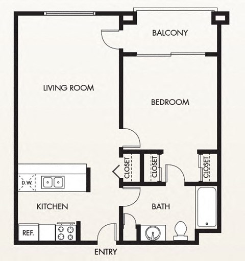 Floor plan for 1 bed, 1 bath, 595 sqft